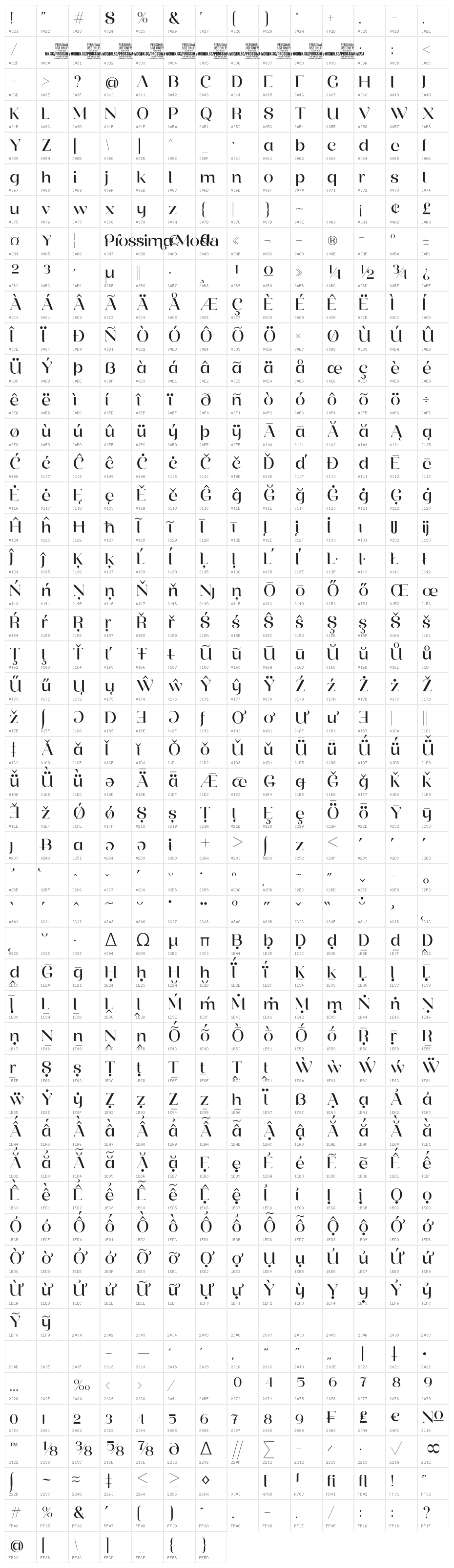 Prossima Moda PERSONAL USE Regular Character Map