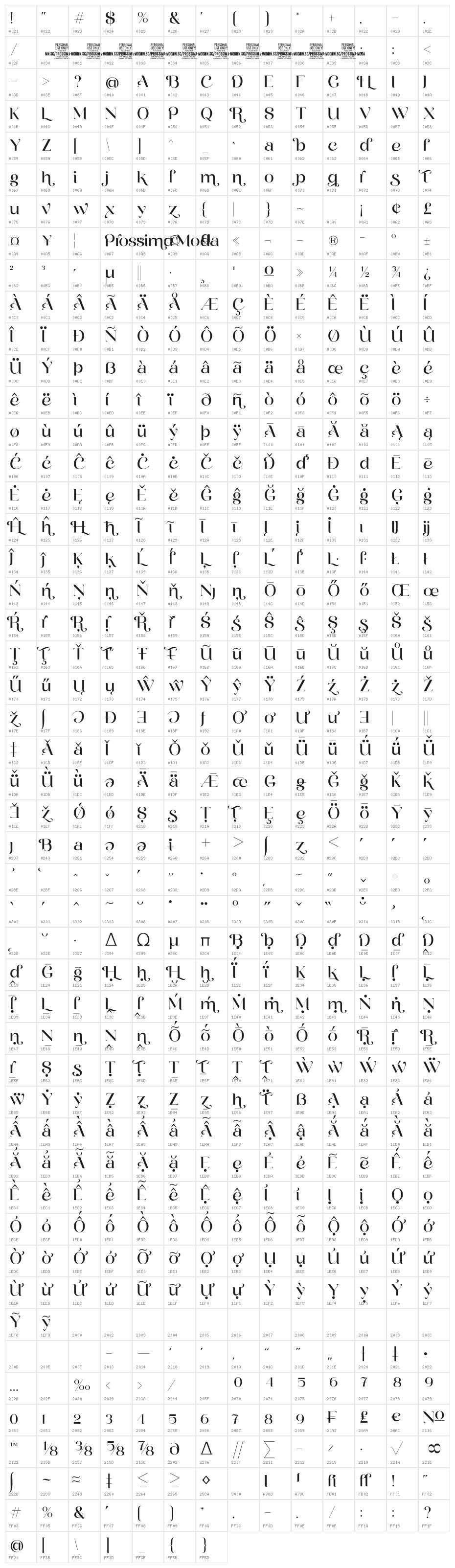 Prossima Swash PERSONAL USE Regular Character Map
