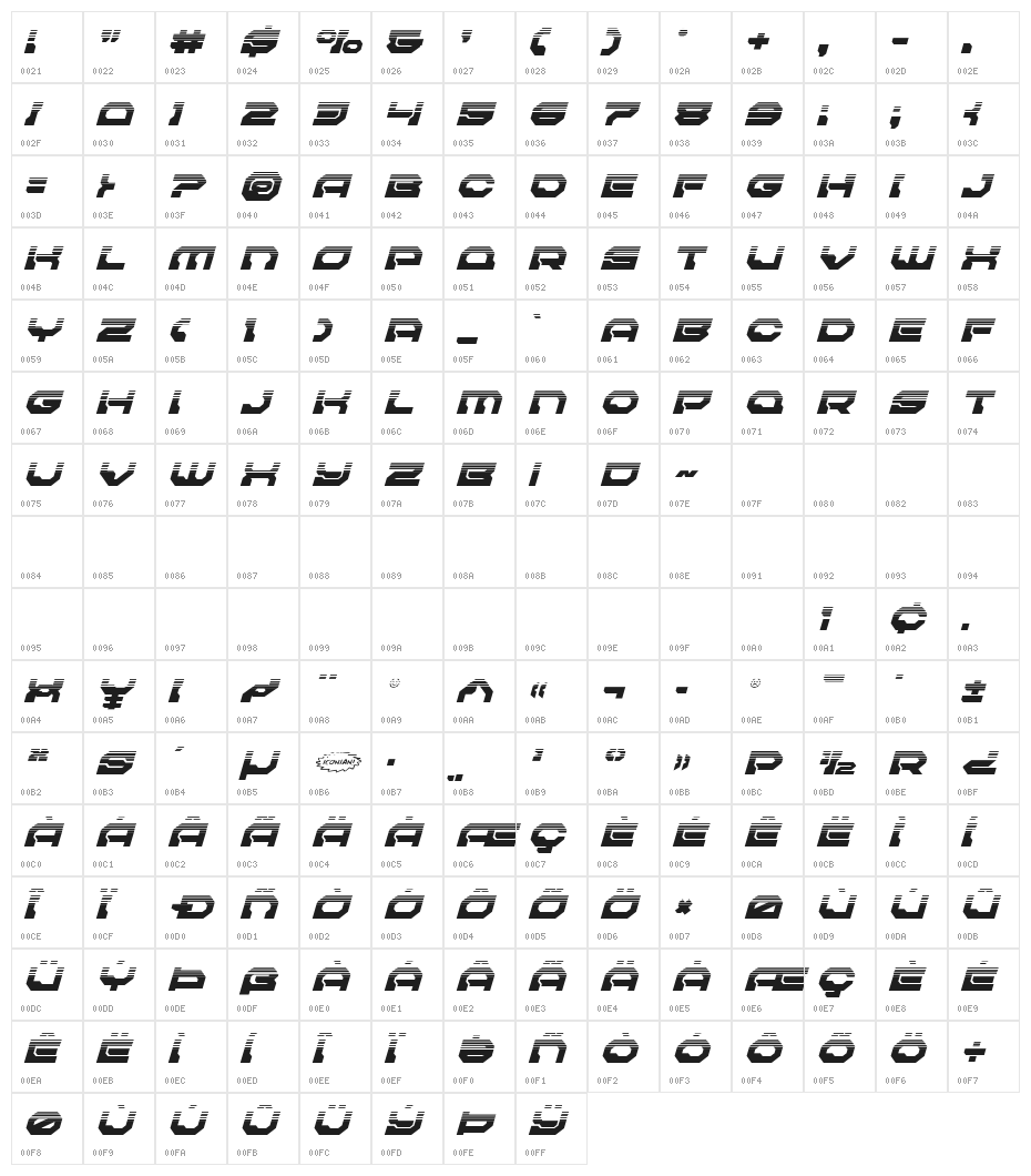 Pulsar Class Solid Halftone Italic Character Map