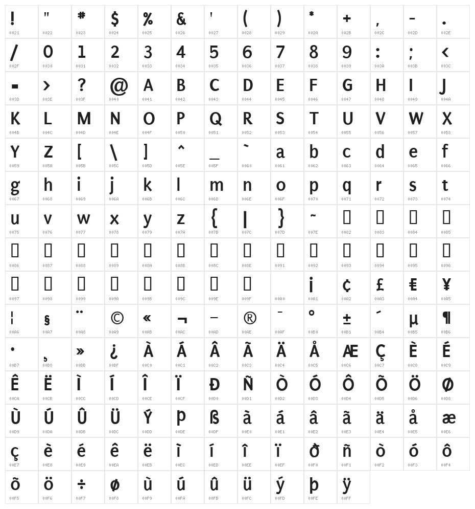 Puritan Bold Character Map