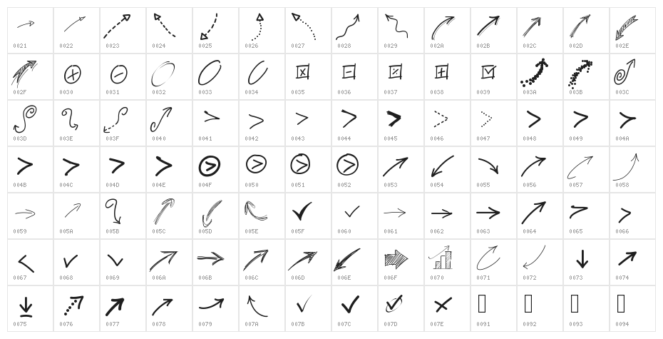 PWFreeArrows Character Map
