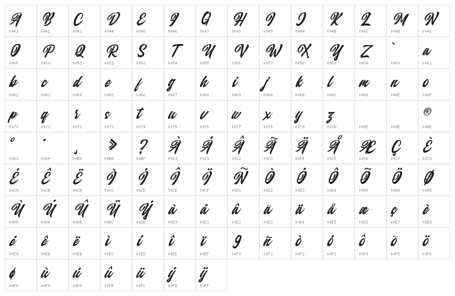 Qintan Script Free Regular Character Map
