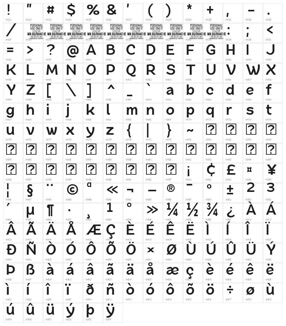 QuacheBoldCondensedPERSONAL Character Map