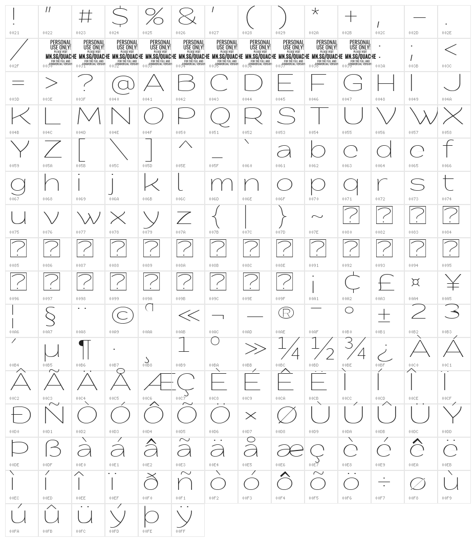 QuacheLightExtraExpandedPERS Character Map