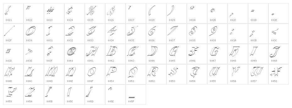 QuaelGothicHollowItalics Character Map