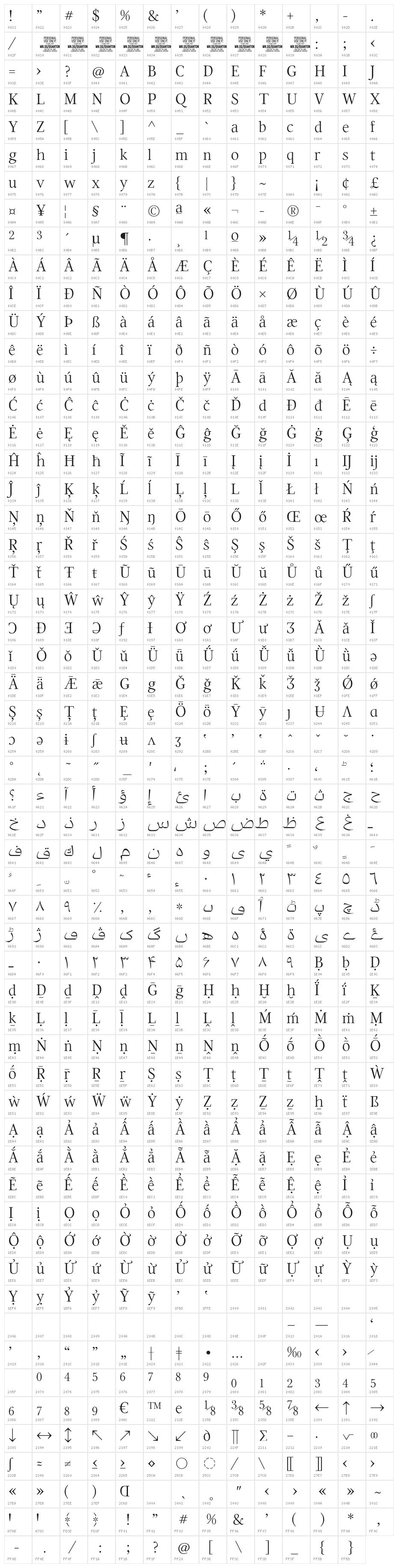 Quanton PERSONAL USE ONLY Thin Character Map