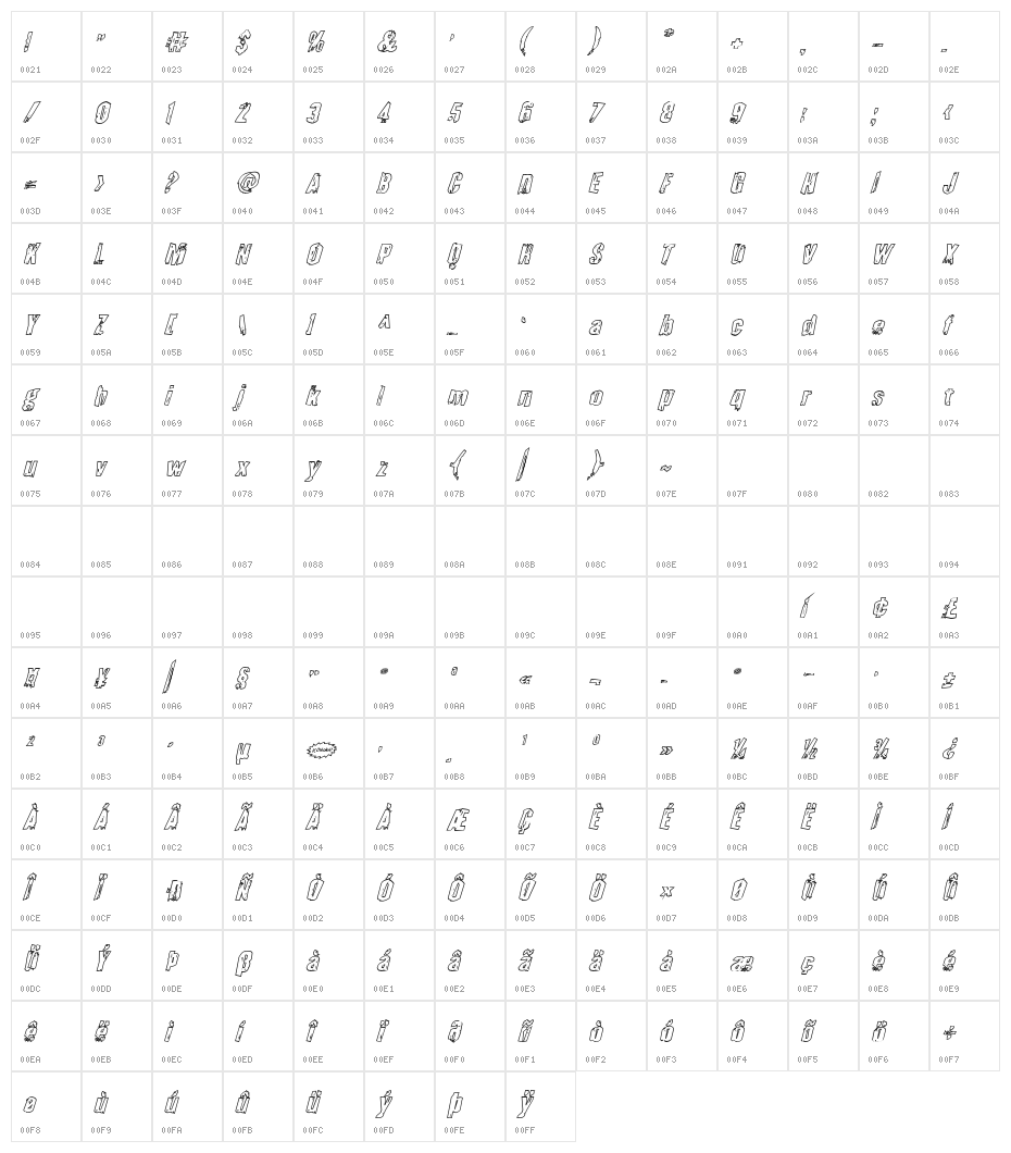 Quarrystone Outline Italic Character Map
