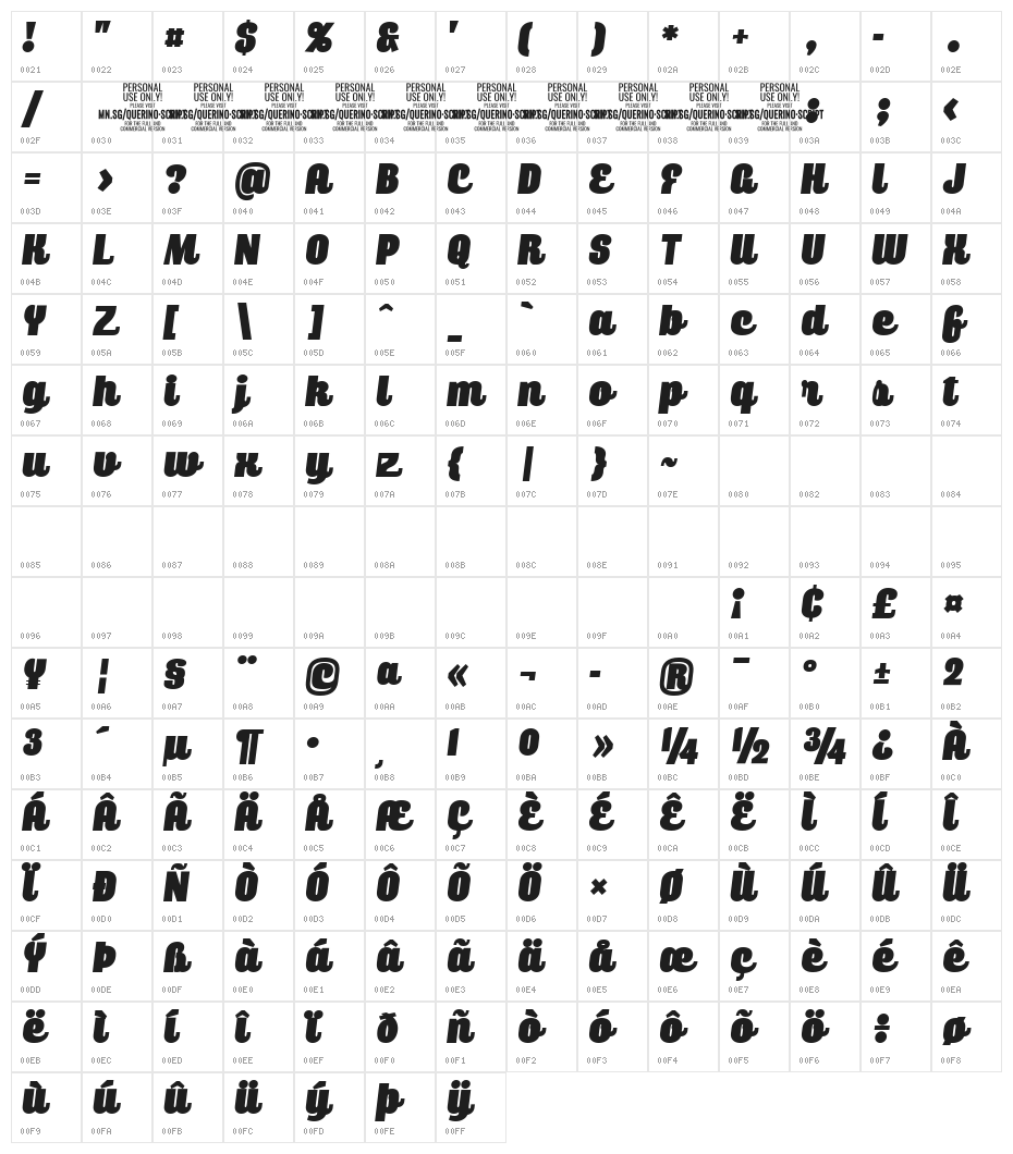 Querino Script Italic PERSONAL USE Character Map