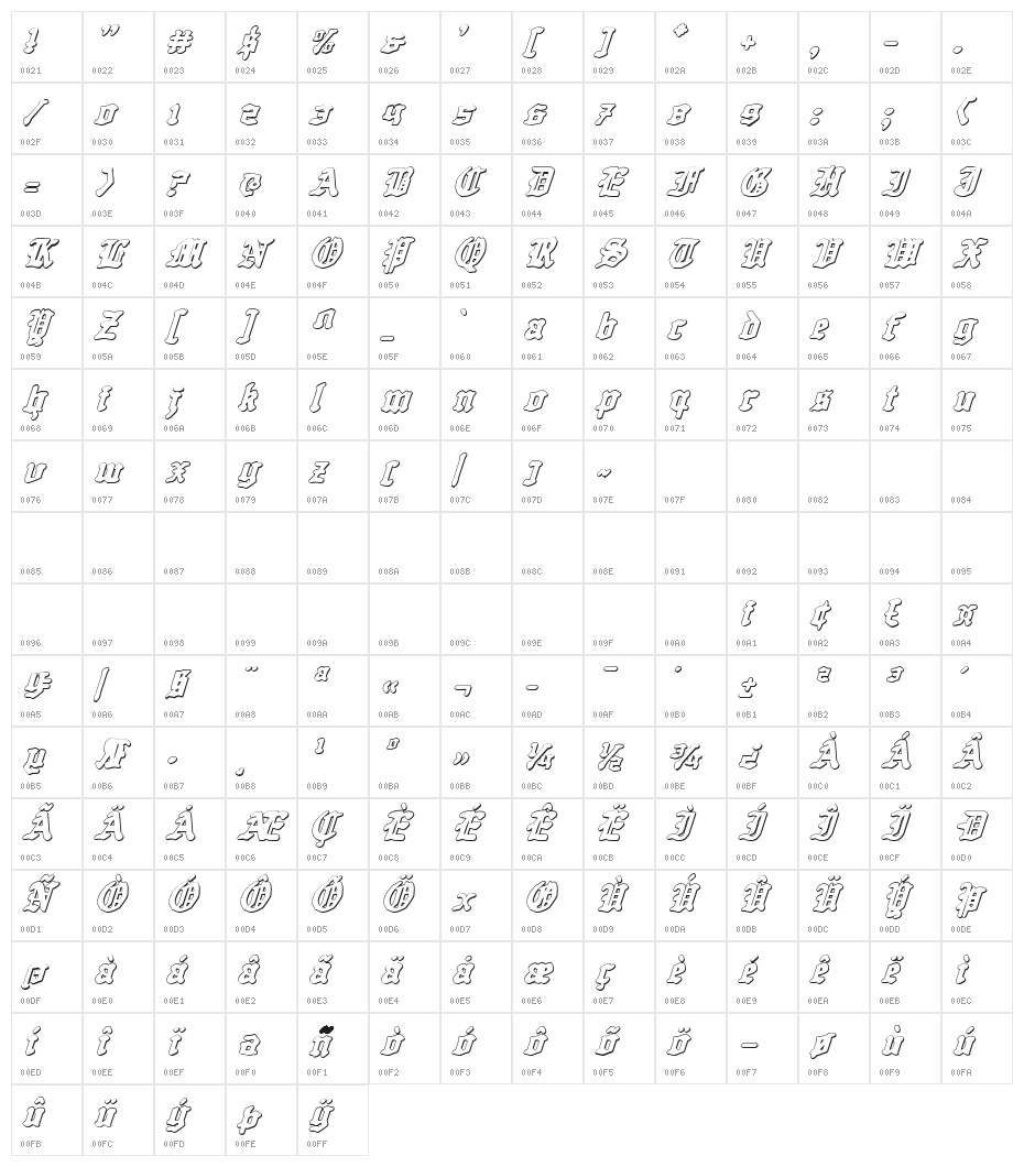Quest Knight 3D Italic Character Map