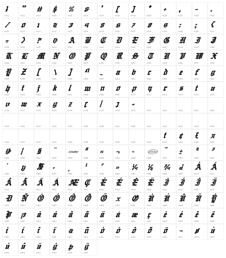 Quest Knight Italic Character Map