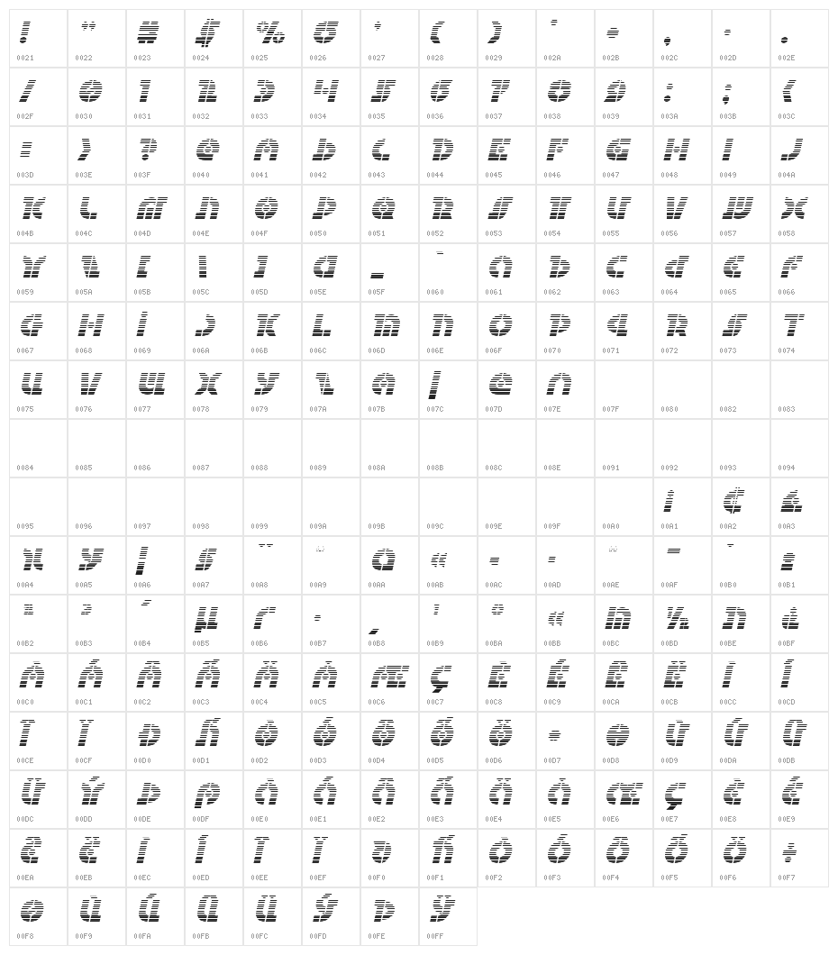 Questlok Gradient Italic Character Map