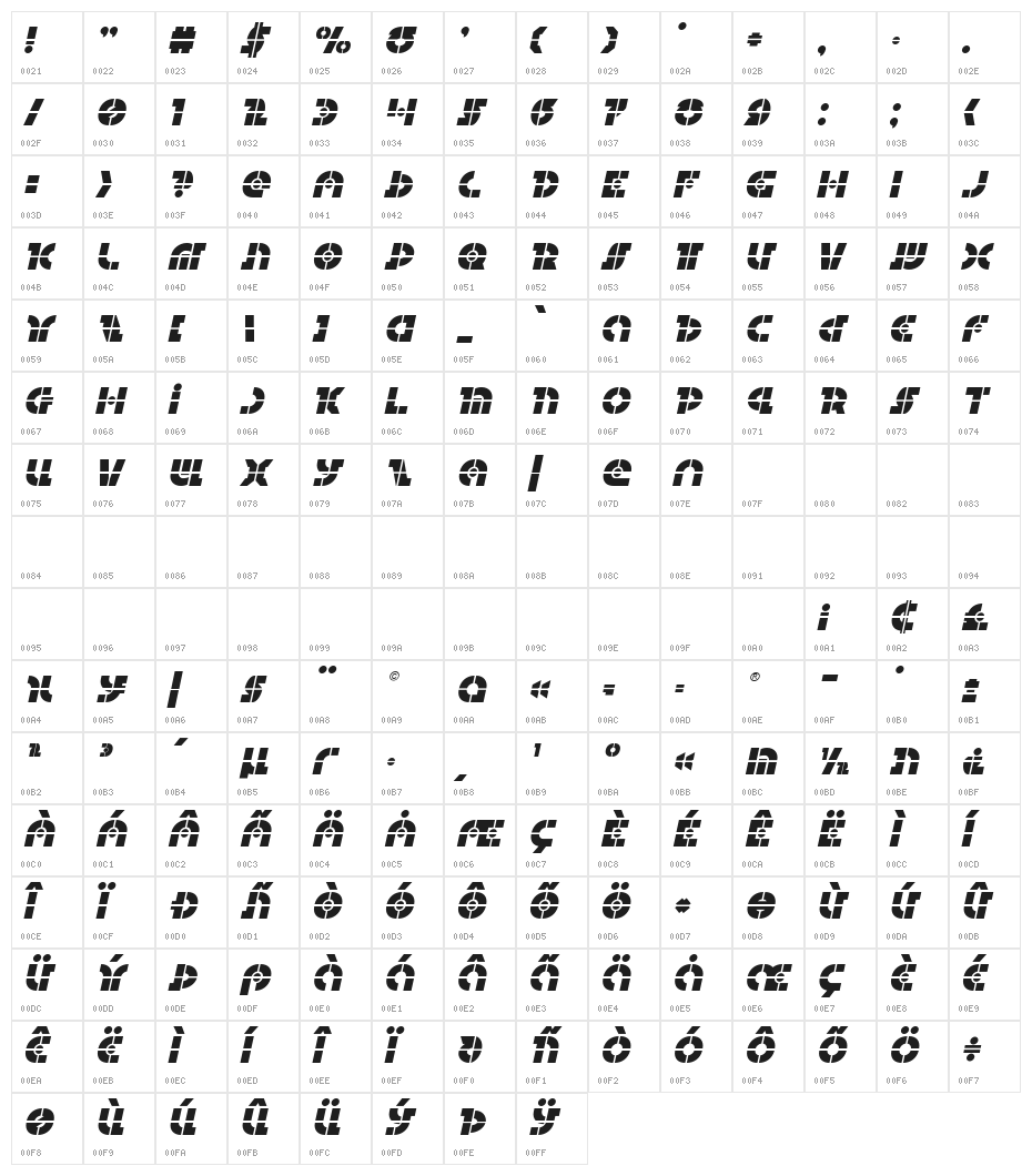 Questlok Laser Italic Character Map