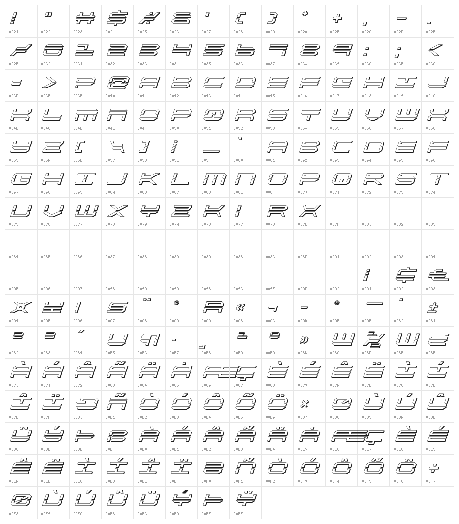 QuickStrike 3D Italic Character Map
