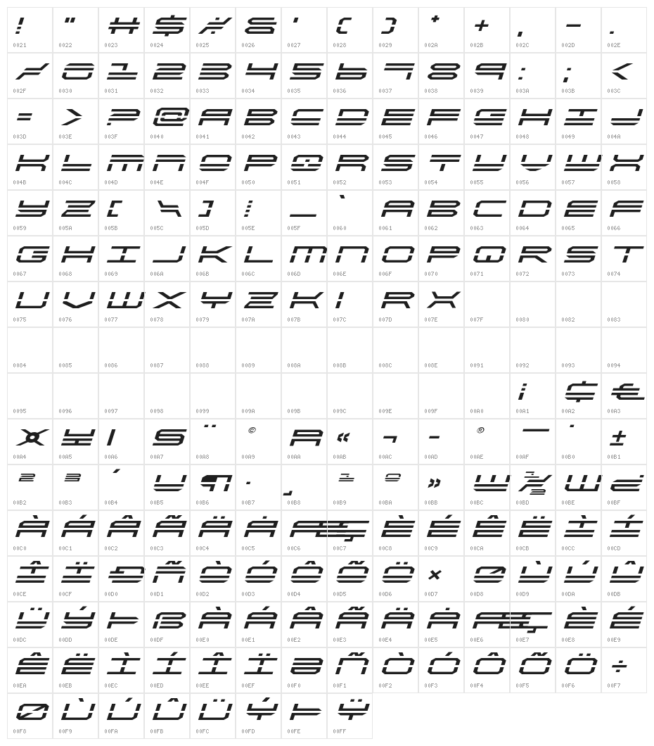QuickStrike Expanded Italic Character Map