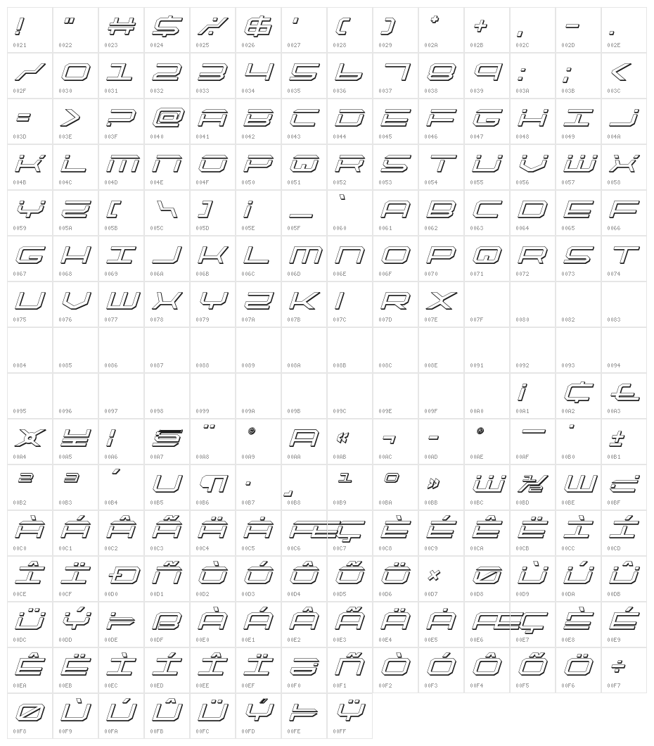 QuickTech 3D Italic Character Map