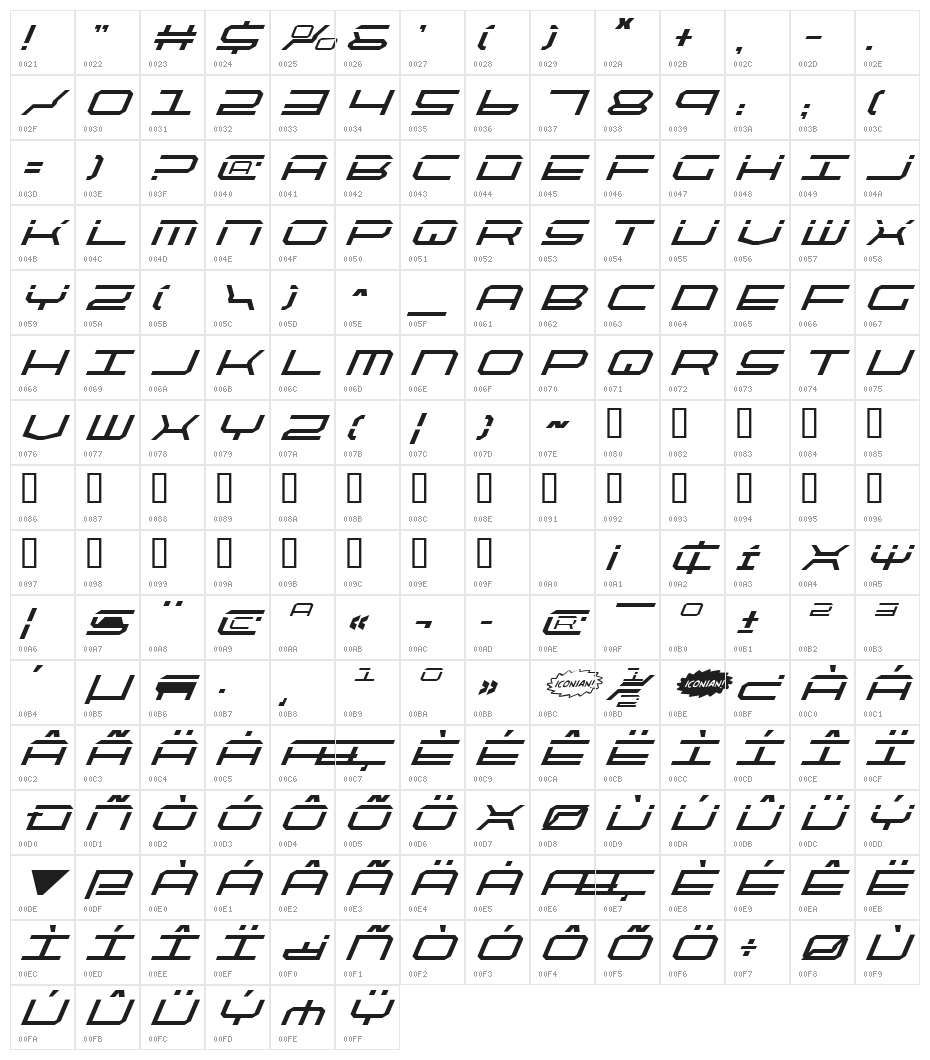 QuickTech Italic Character Map