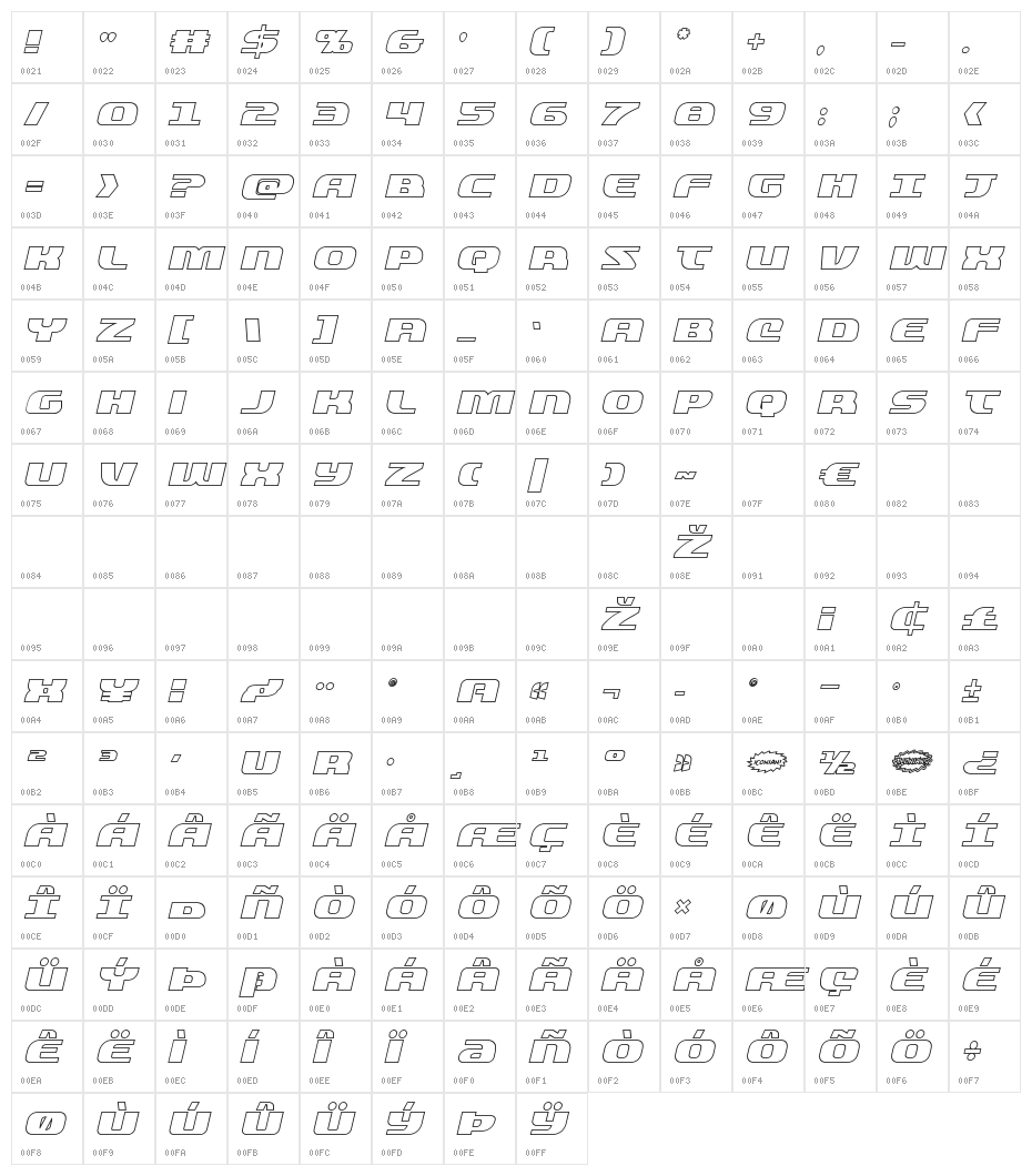 Quickening Outline Italic Character Map