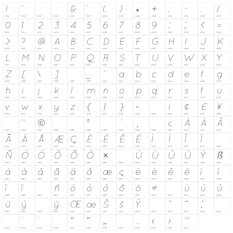 Quicksand-LightItalic Character Map