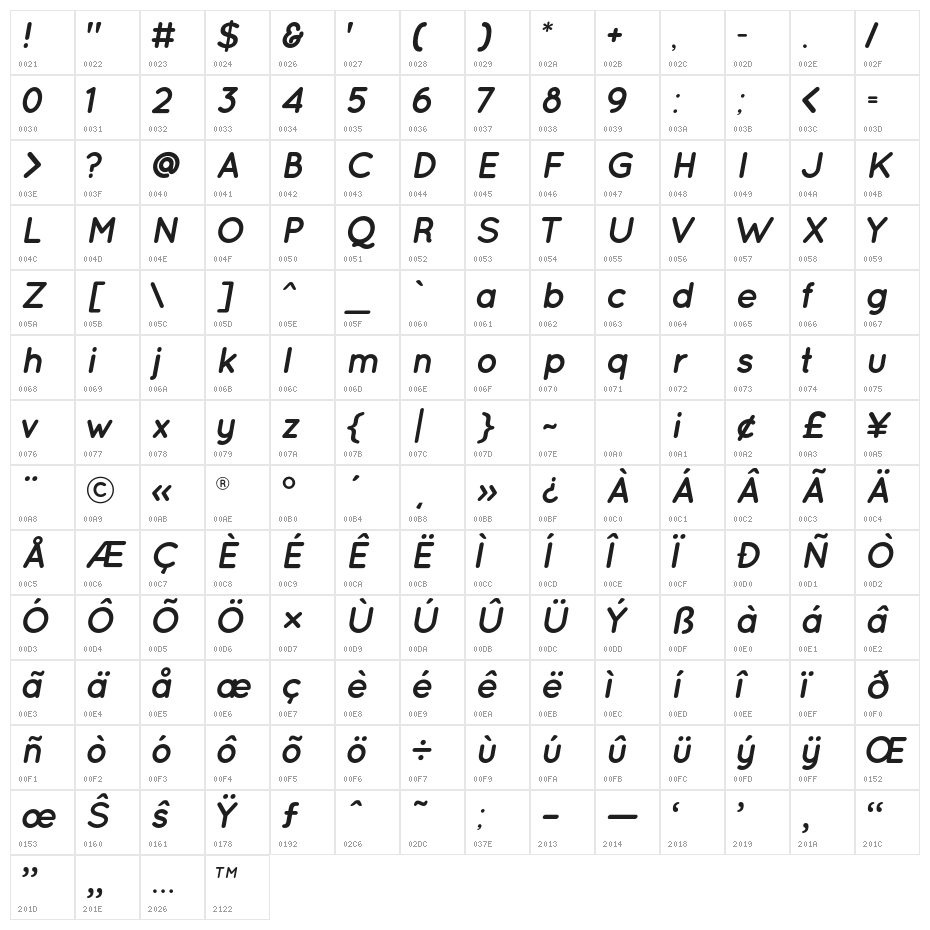QuicksandBoldOblique-Regular Character Map