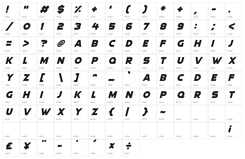Quicksilver Italic Character Map