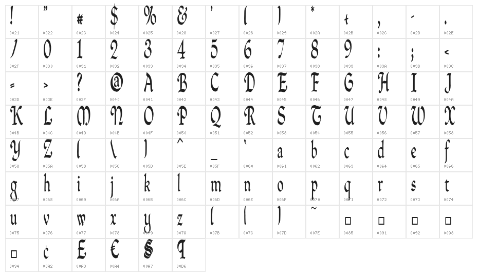 QuillPerpendicularCondensed Character Map