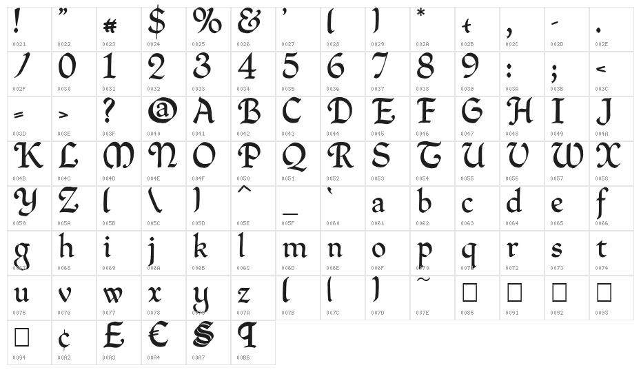 QuillPerpendicularRegular Character Map