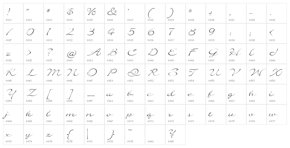 Quilline Script Thin Character Map