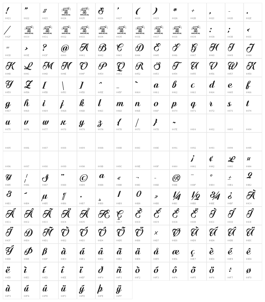 Quincho Script PERSONAL USE Character Map