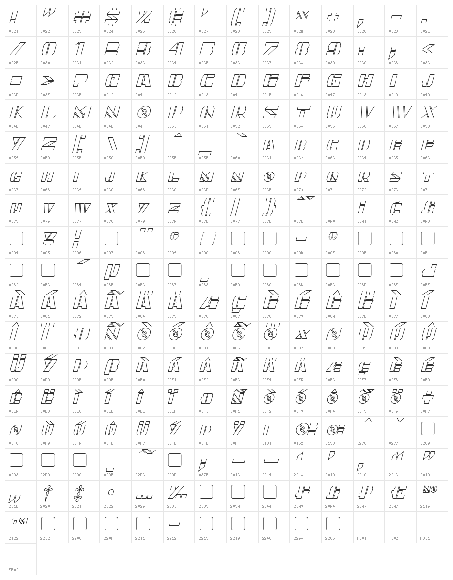 Quintanar Hollow Italic Character Map