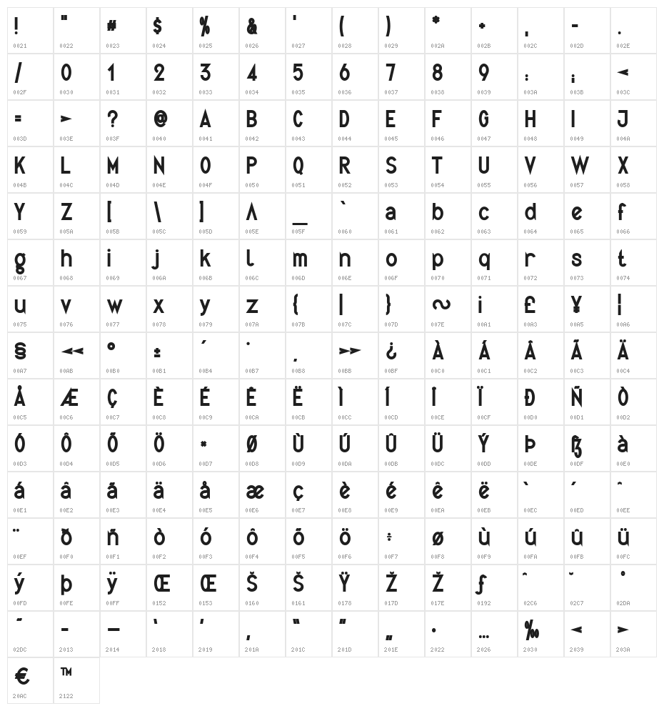 Quirkus Bold Character Map