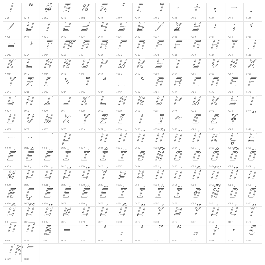 Rabbid Highway Sign Caps Narrow Outline Italic Character Map