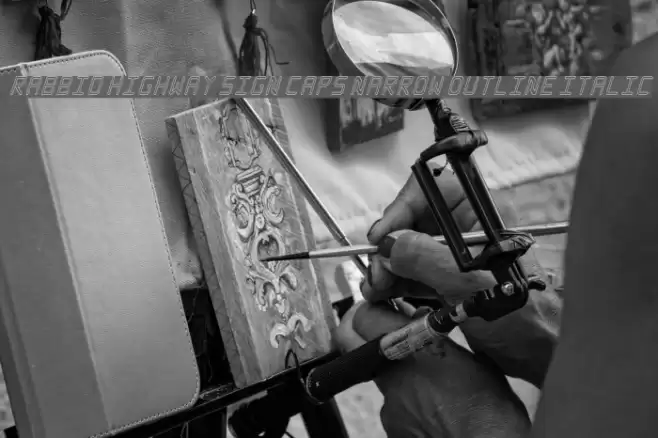 Rabbid Highway Sign Caps Narrow Outline Italic Font examples