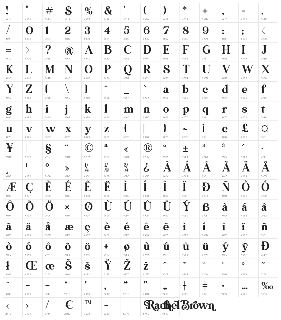 RachelBrown-Regular Character Map