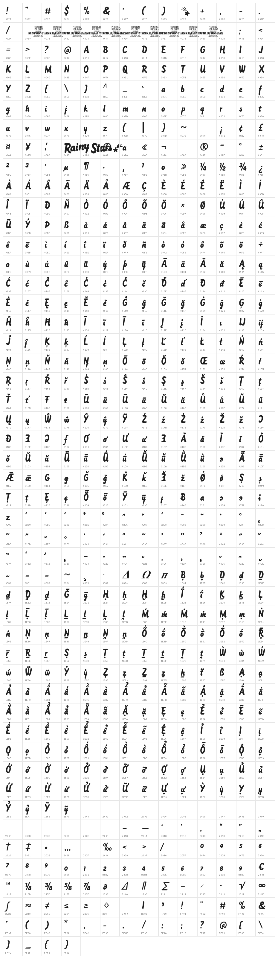 Rainy Stars PERSONAL USE Regular Character Map