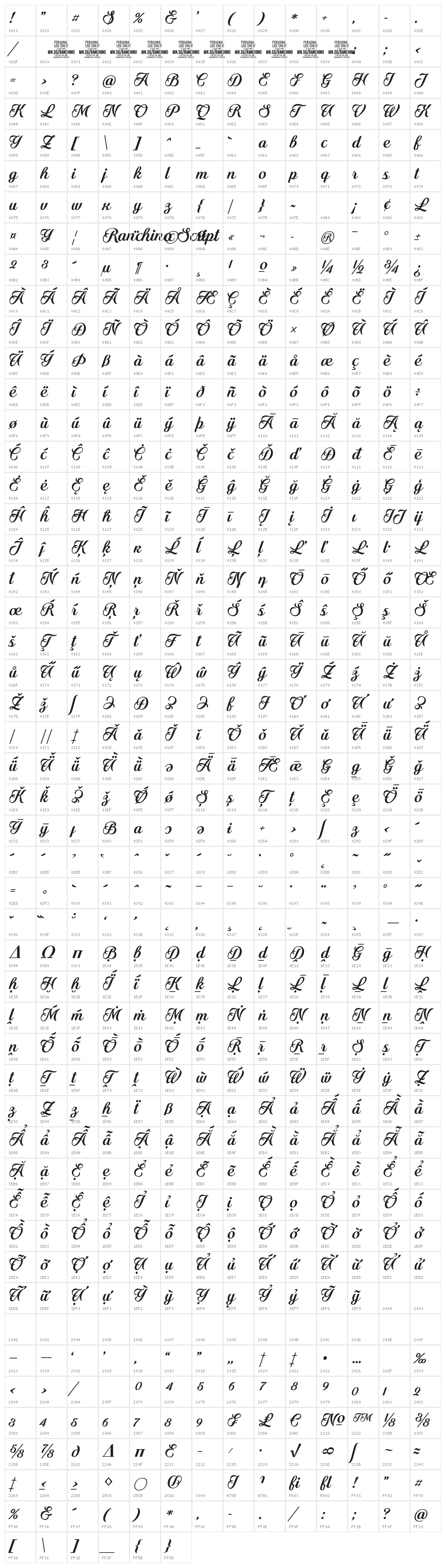 Ranchino Script Bold PERSONAL Regular Character Map