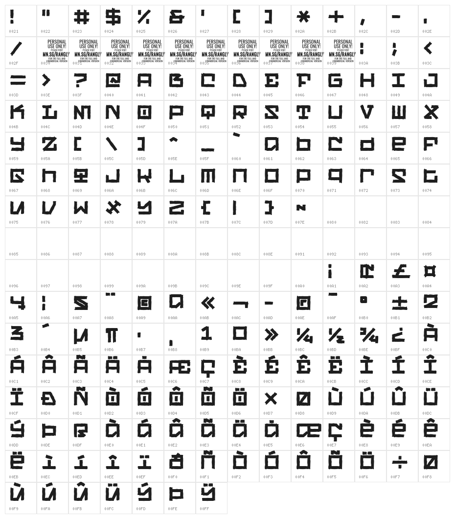 Rangly PERSONAL USE ONLY Character Map