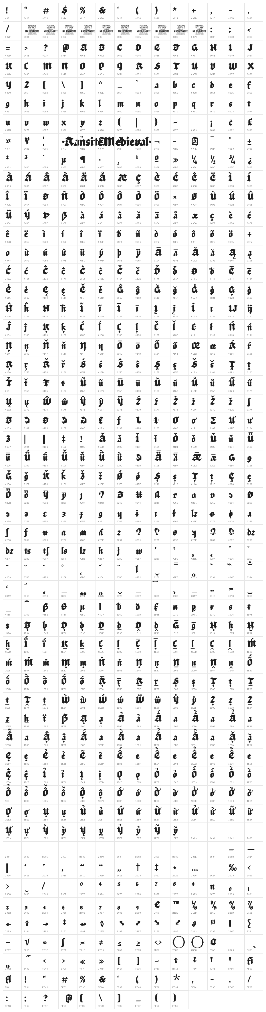 Ransite Medieval PERSONAL USE Regular Character Map