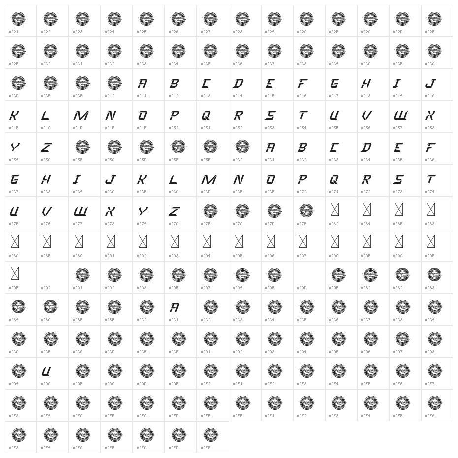 Rapidtech Demo Italic Character Map