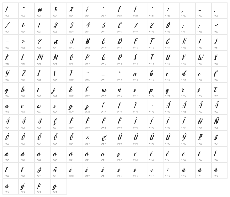 Raspberry Italic Character Map