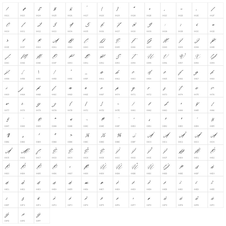 Rayanne Italic Character Map