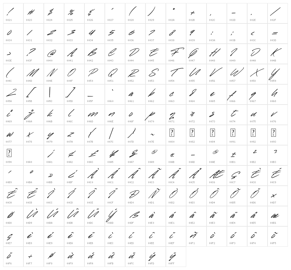 Raynoss Italic Character Map
