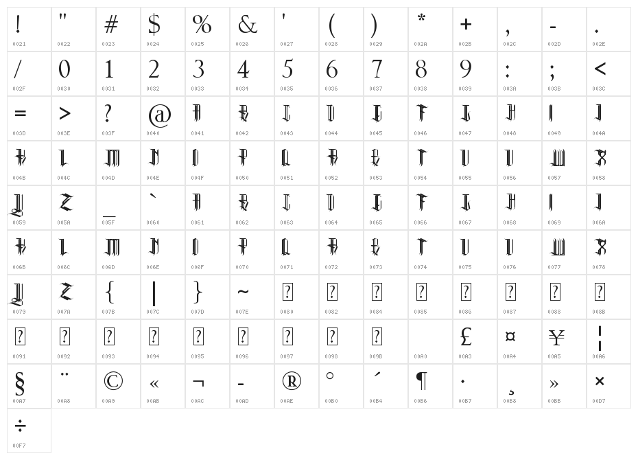 REVERENT REG Character Map