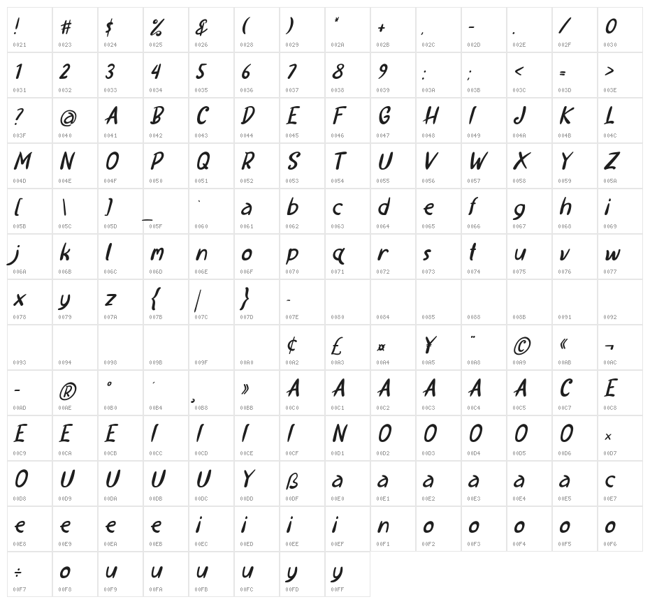 Recipety Italic Character Map