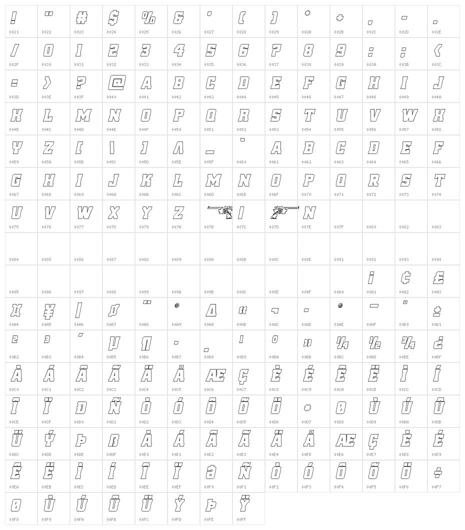 Red Delicious Outline Italic Character Map