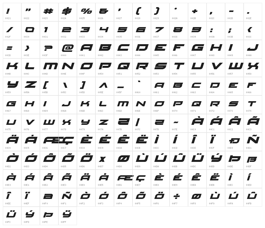 Red Rocket Expanded Italic Character Map