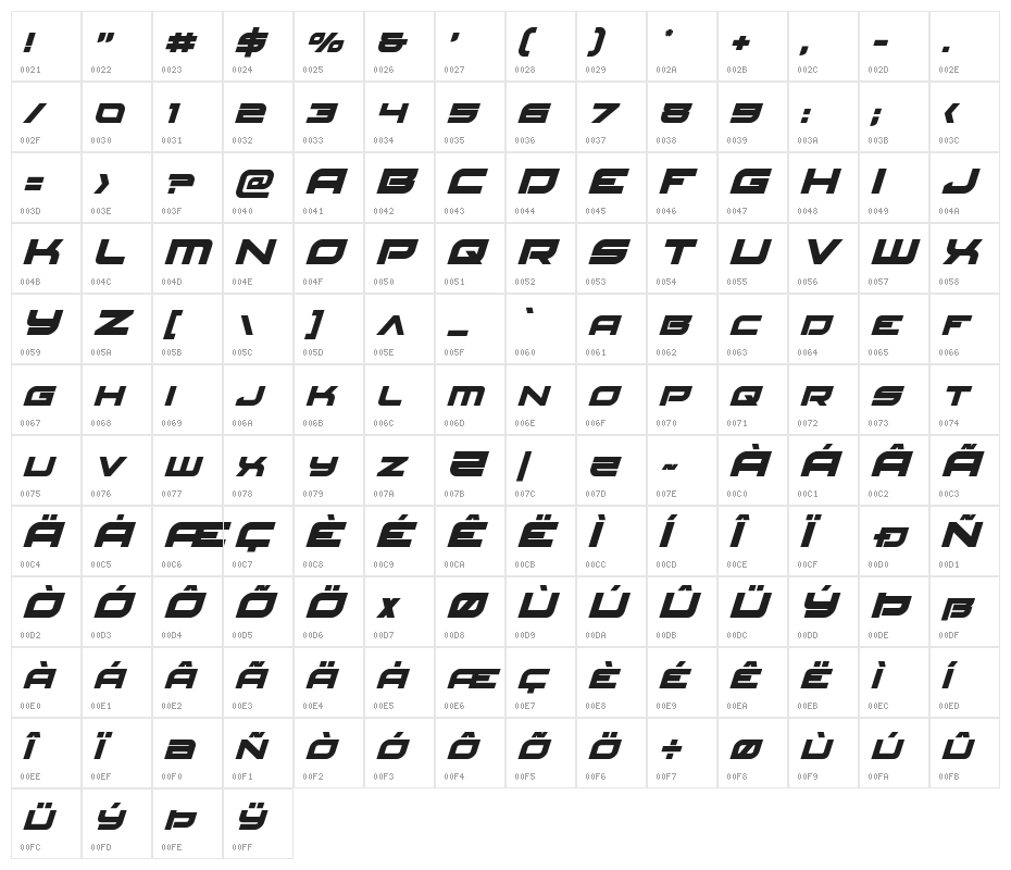 Red Rocket Italic Character Map
