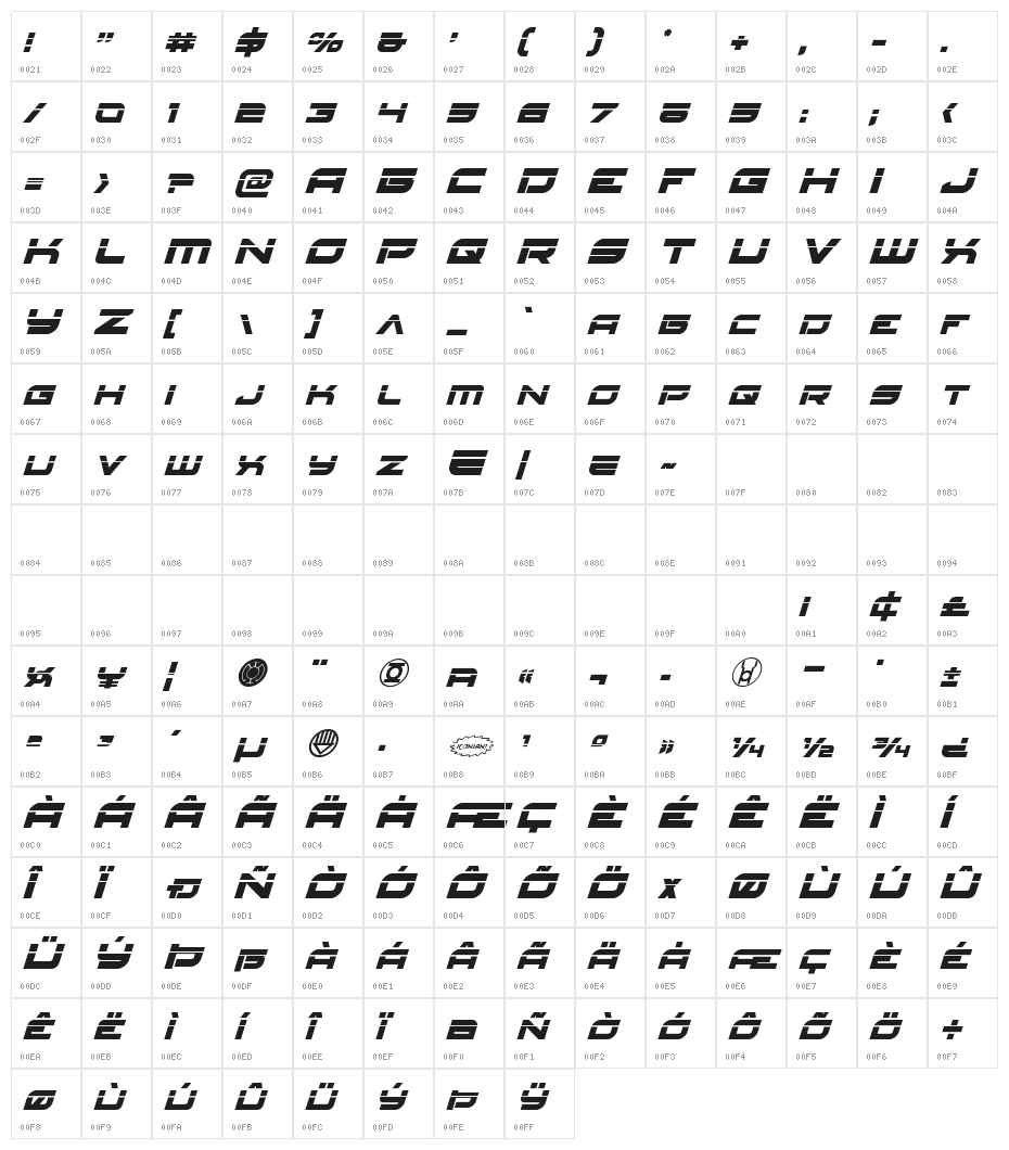 Red Rocket Laser Italic Character Map