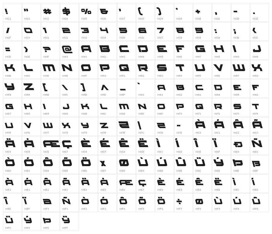 Red Rocket Leftalic Character Map