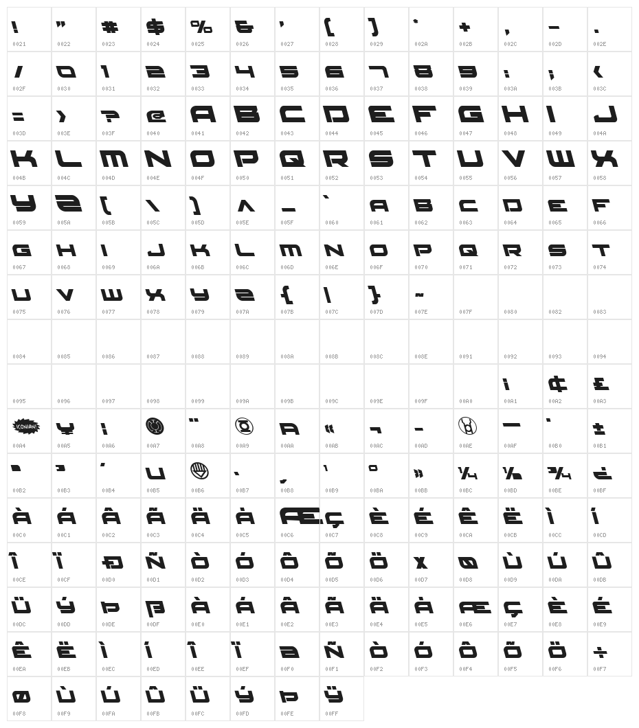 Red Rocket Leftalic Character Map