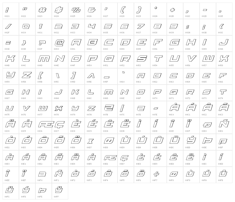 Red Rocket Outline Italic Character Map